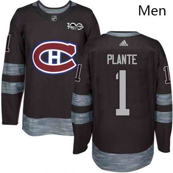 Mens Adidas Montreal Canadiens 1 Jacques Plante Authentic Black 1917 2017 100th Anniversary NHL Jersey
